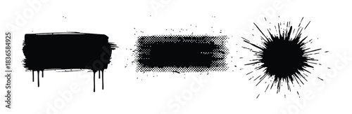 Dramatic black ink splatter burst with radiating lines and splatters on a white background