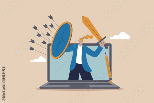 Woman with sword and shield emerging from laptop screen
