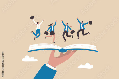Successful business people jumping from open book for career growth
