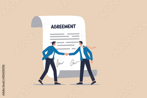 Businessmen shaking hands over agreement document, partnership success