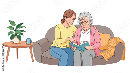 Loving daughter reading aloud to her elderly mother creating a heartwarming moment of connection and joy on cozy sofa at home