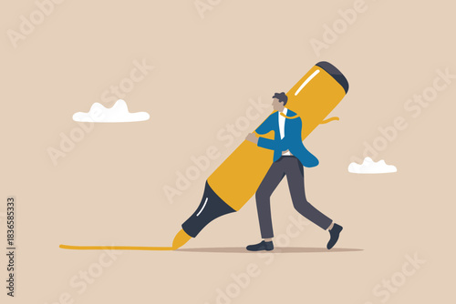 Man in suit drawing a thick yellow line with a giant marker pen