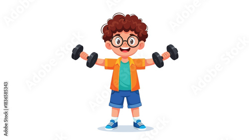 A young boy with glasses and curly hair happily lifts dumbbells, demonstrating a commitment to physical fitness and healthy lifestyle habits from an early age.