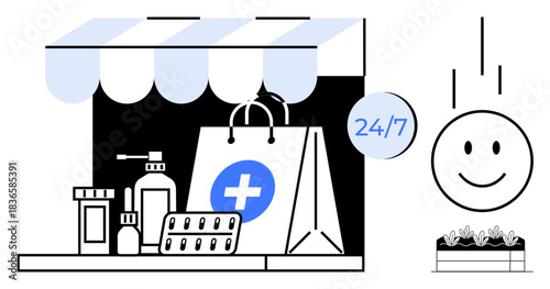 Online pharmacy. Features include medical supplies, delivery bag with medical cross, and 247 service logo. Online pharmacy ensures convenient healthcare access. Use for healthcare, delivery systems