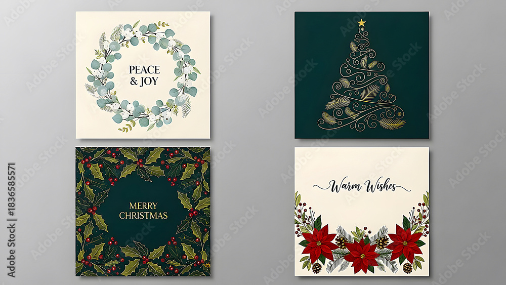 Fototapeta premium Festive Holiday Greetings Christmas Wishes, Peace, and Joy in Elegant Floral Designs for Seasonal Celebrations and Merry Occasions