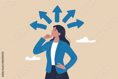 Woman considering multiple career path options with arrows pointing in different directions