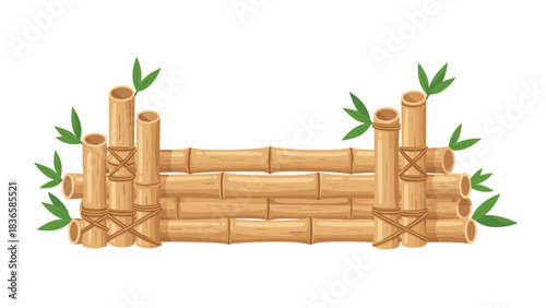 Natural bamboo fence section with green leaves perfect for organic garden design or tropical decor