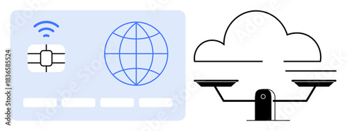 Identity verification, cybersecurity, global connectivity, cloud computing, digital justice, data authenticity. Smart card with chip, globe and cloud-scale icons. Identity verification