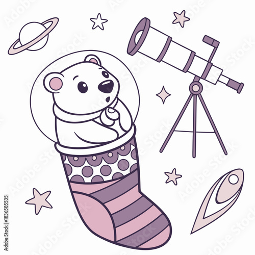 Charming SVG of a Curious Polar bear featuring snuggled in a sock, styled in a Galaxy Dreams theme with Starlight Mix hues