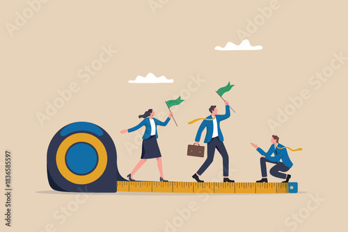 Business people march forward on measuring tape with flags towards success