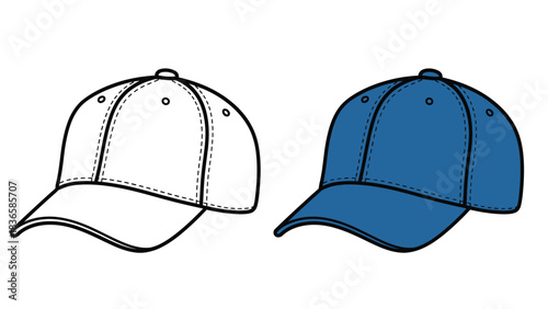 A white baseball cap is depicted in outline next to a solid blue baseball cap, showcasing two distinct styles of headwear.