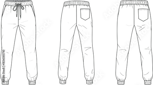 cad drawing flat vector illustration, technical jogger pants fashion sketch showing front and back views with waistband, pockets, seams, cuffs, and stitching details