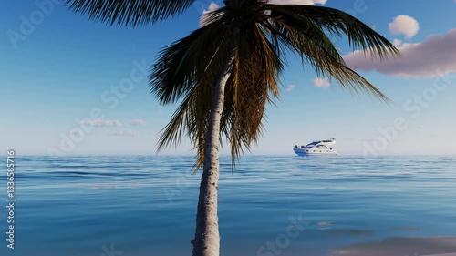 View from below of the sky with the sun and tropical palm trees.
Travel, trip, tourism, vacation, relax, weekend.