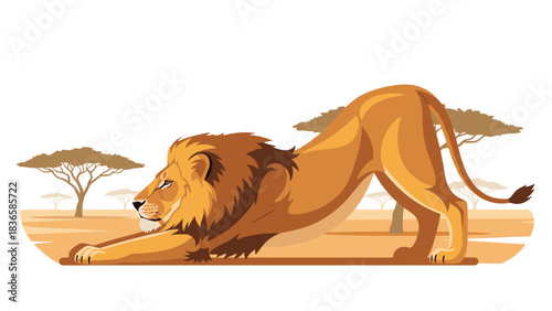 Majestic lion stretching powerfully across the savanna landscape, a symbol of strength and wildlife conservation efforts