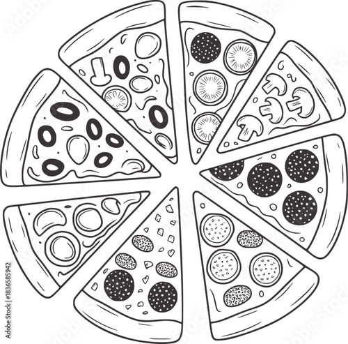 Black and white pizza slices arranged in a circle food
