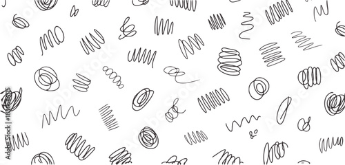 Black scribbles and doodles on white background seamless pattern