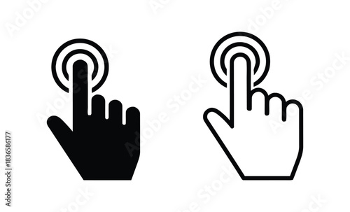 Two hands pressing or touching buttons in black and white line art style