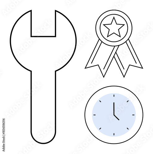 Business management, service repair, achievements, productivity, time efficiency, and industrial concepts. Outline icons of a wrench, clock and star-based ribbon. Service repair and achievements