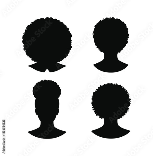 Silhouettes of four diverse people with afro hairstyles against a white background