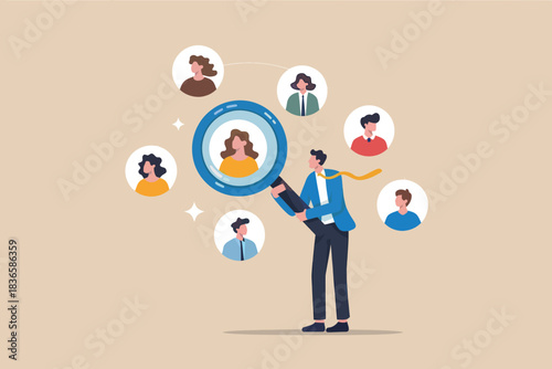 Recruitment process concept: manager analyzes potential candidate profile with magnifying glass