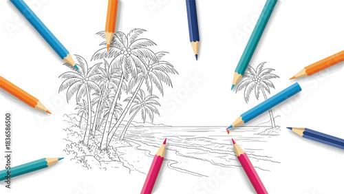 Vibrant colored pencils surround an uncolored tropical beach scene ready for creative filling and relaxation