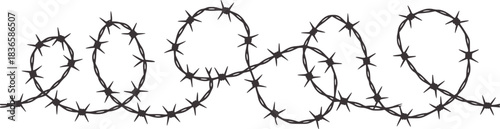 Dark gray barbed wire fence coils on white background
