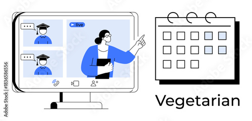 Teacher and students in virtual classroom video call on monitor, calendar icon for schedule management. Ideal for online classes, remote work, e-learning, time management, planning, teaching, digital