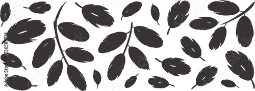 Dark gray leaves and branches scattered on white background