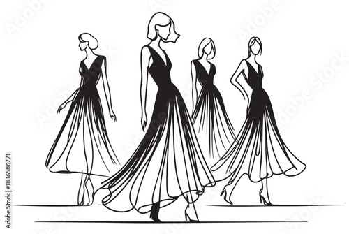 Stylish fashion models. Fashion girls Sketch in dress