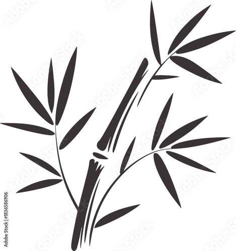 Dark grey bamboo stalks with leaves on white background