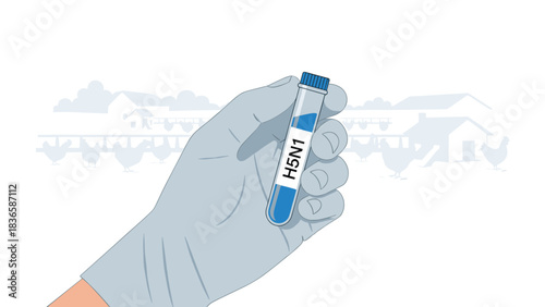 Scientist holds H5N1 avian flu test tube sample near blurred chicken farm background for outbreak research