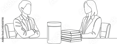Business People Meeting or Interview Continuous One Line Drawing Professional Man and Woman Discussing Work Corporate Partnership Negotiation Consultation.