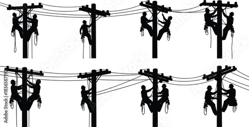 Electricians Working on Power Lines Black Silhouette Set Utility Pole Maintenance Energy Infrastructure Repair Linemen Professional Worker Job.