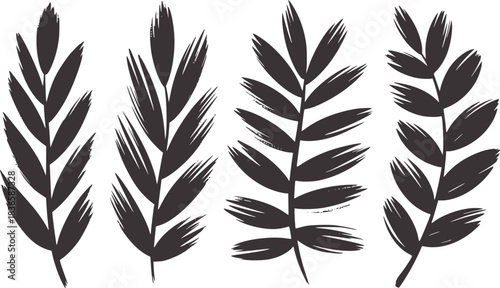 Four dark grey stylized plant stems with leaves leaf