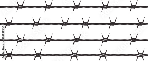 Four rows of dark gray barbed wire on white background