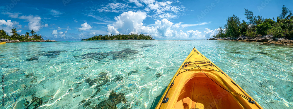 Obraz premium Yellow kayak exploring crystal clear tropical waters in french polynesia