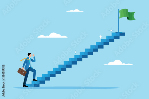Businessman climbing blue stairs towards a green flag on sky background