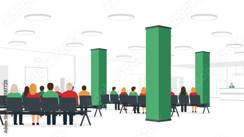 Diverse group patiently waits in a bright, modern clinic reception area near the check-in desk