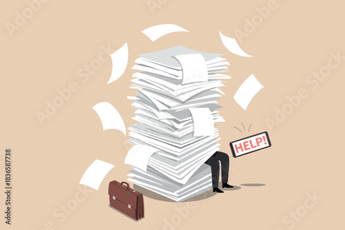Overwhelmed by paperwork, businessman buried in documents asks for help