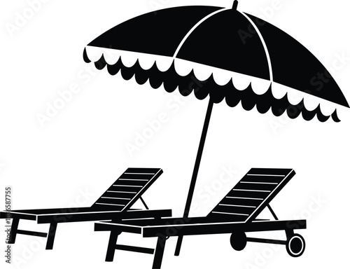 Sun umbrella and two empty wooden deck chairs on a beach, black silhouette icon, summer holiday vacation resort travel, relaxation, shade, vector graphic illustration.