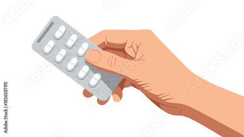 Human hand firmly grasping a blister pack of white pills ready for medication intake or prescription dispensing