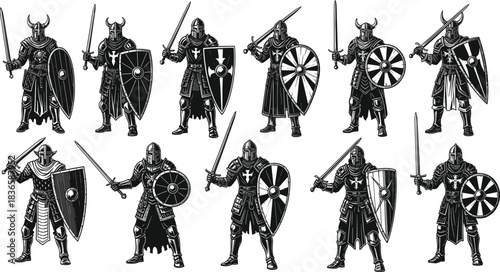 Medieval Knights and Crusaders Set Vintage Vector Illustration Warrior Character Black and White Engraving Style Historical European Armor Design.