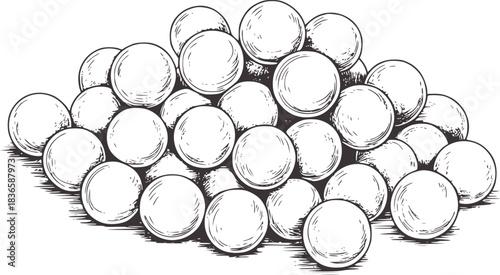 Pile of white spheres in sketch style ball round