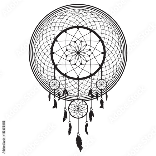 Detailed Black and White Dreamcatcher Illustration with Feathers and Floral Web