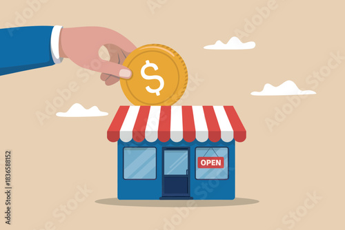 Investor puts coin in storefront, symbolizing business growth and investment