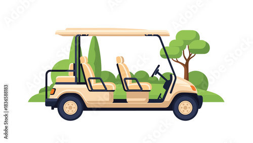 Charming beige golf cart ready for a relaxing ride across a lush green course surrounded by trees