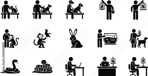 Veterinary Pets and Exotic Animals Black Icon Set Vet Healthcare Ownership Wildlife Animal Care Medical Clinic People Profession.