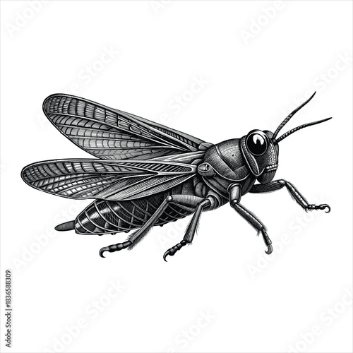 Detailed Black and White Grasshopper Illustration with Veined Wings