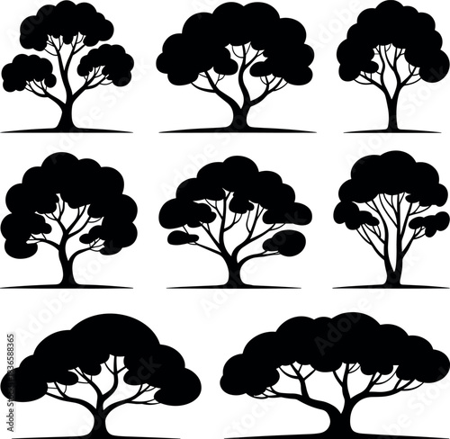 Collection of black silhouette trees with rounded foliage