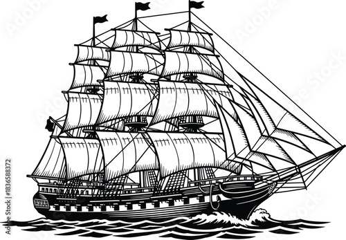 Vintage Sailing Ship Majestic Tall Ship Black and White Engraving Style Vector Illustration Historical Maritime Nautical Ocean Adventure Voyage Transportation.